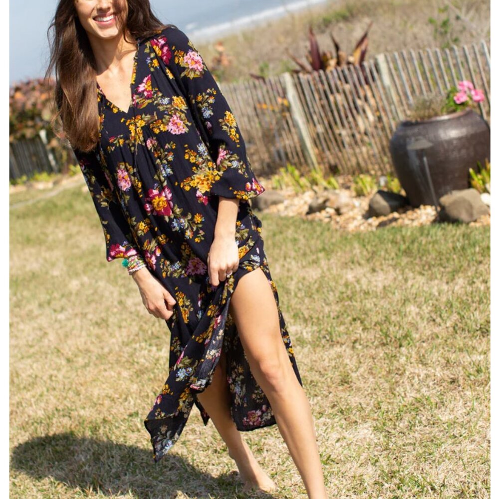 Natural Life Rowan Side Slit Midi Dress Floral Print Navy Women's Large Boho